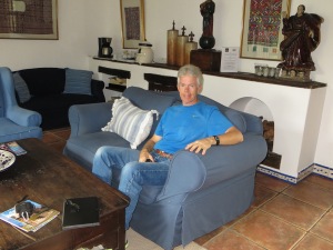 Waiting in the lobby of Hotel Casa Encantada for the shuttle to Lake Atitlan.